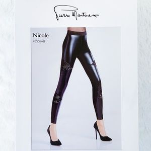 Pierre Mantoux | Faux Leather Leggings Stretch Sexy Lace Inset Black L Ponte